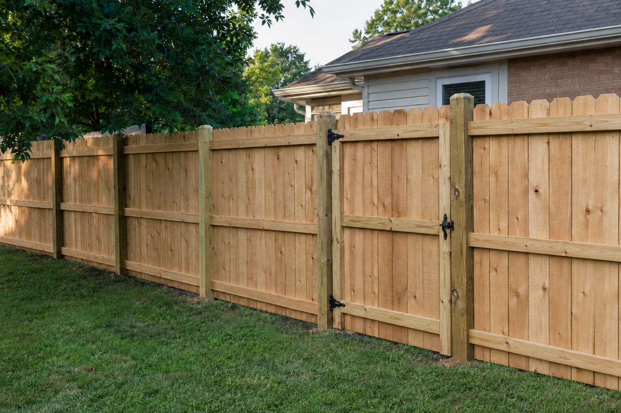 New wood privacy fence with a gate beside a residential property