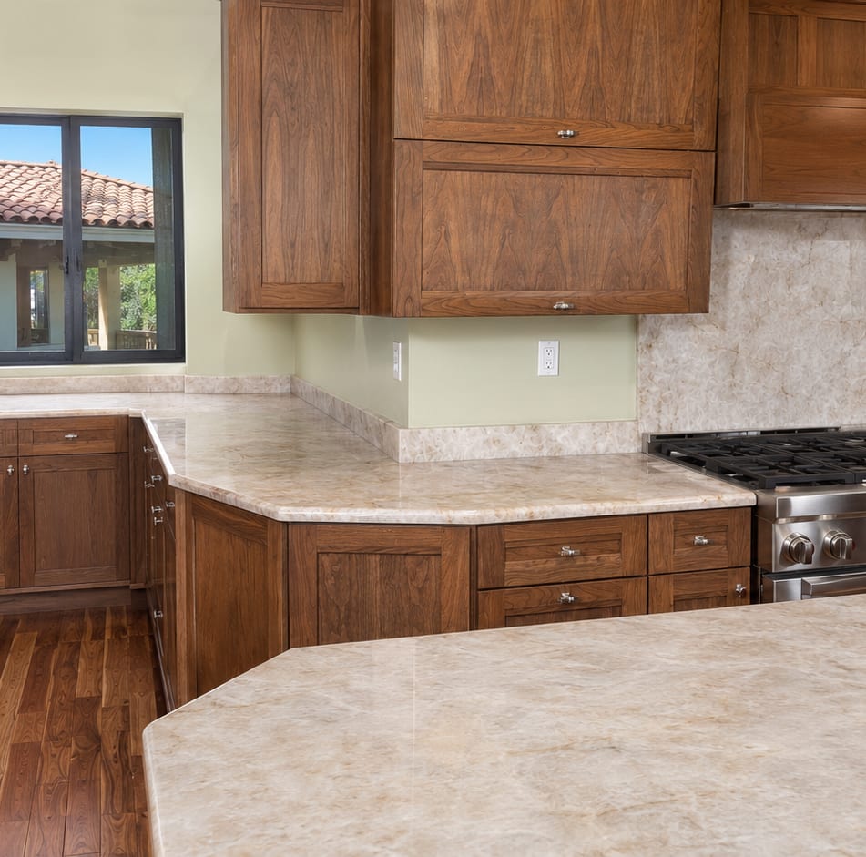 Wood kitchen cabinetry with stone countertops beside a stainless steel range
