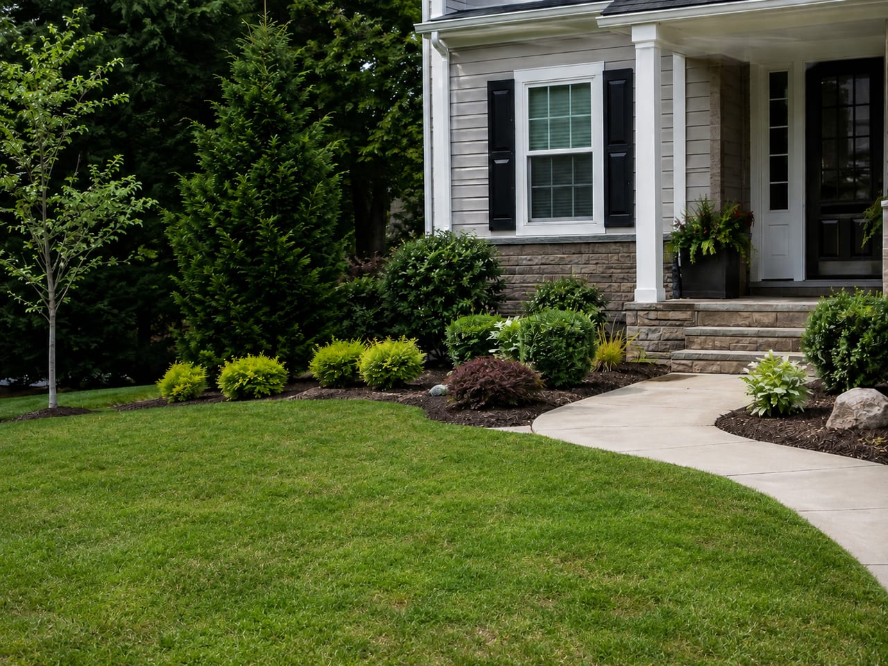 Front yard landscaping with shrubs, lawn, walkway, and home entry