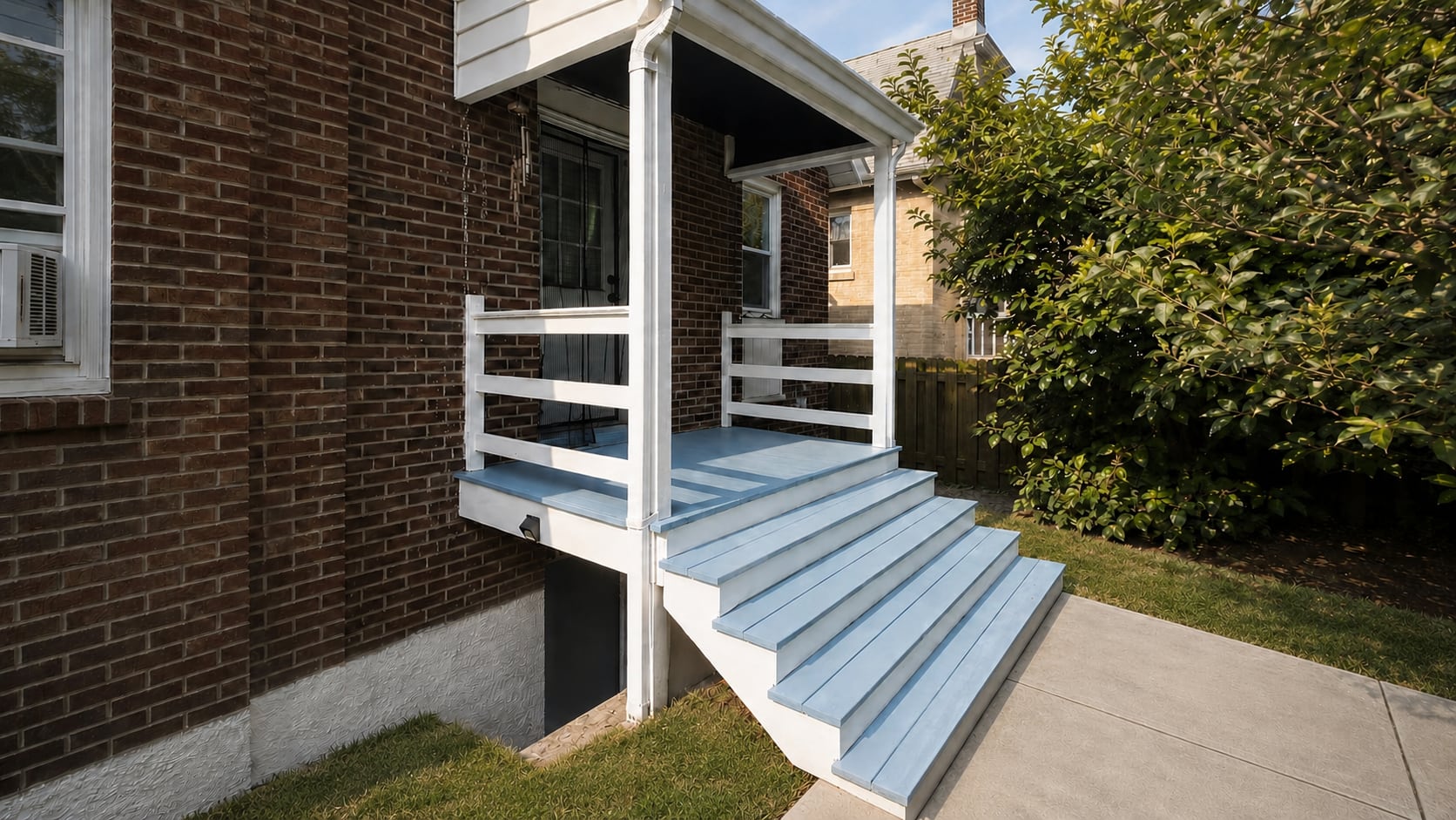 Side view of a finished blue front porch with white railings and exterior stairs